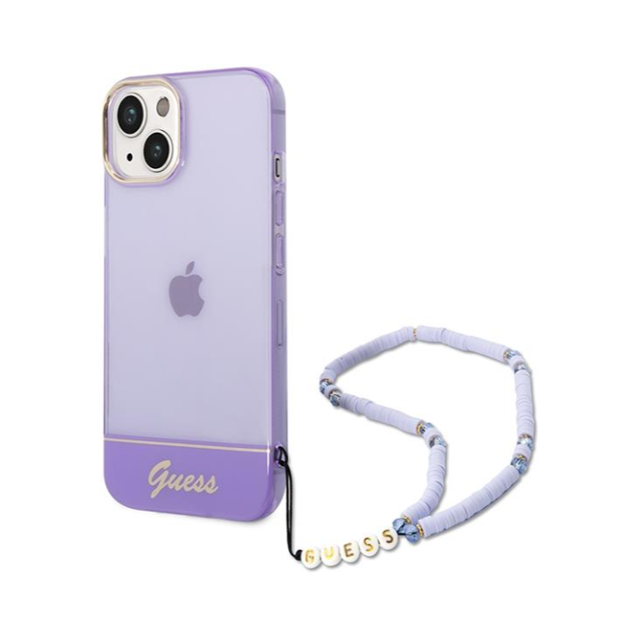Plastové puzdro Guess na Apple iPhone 14 Pro GUHCP14LHGCOHU IML Electro Cam w. Strap Translucent fialové