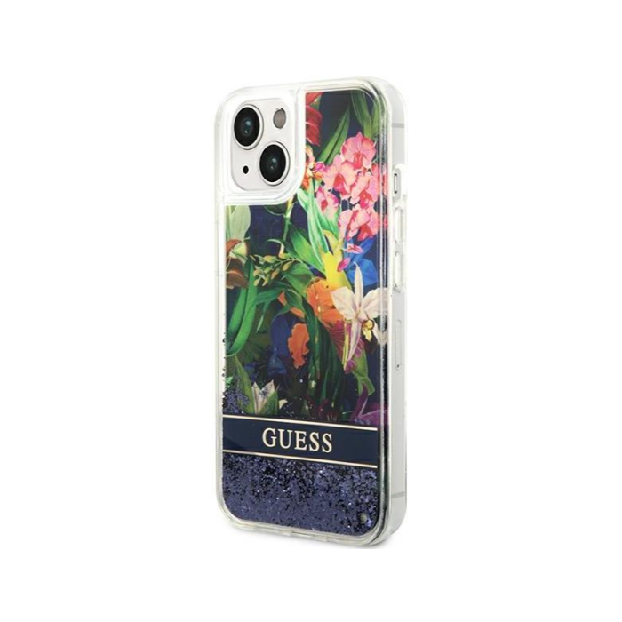Plastové puzdro Guess na Apple iPhone 14 GUHCP14SLFLSB Flower Liquid Glitter modré