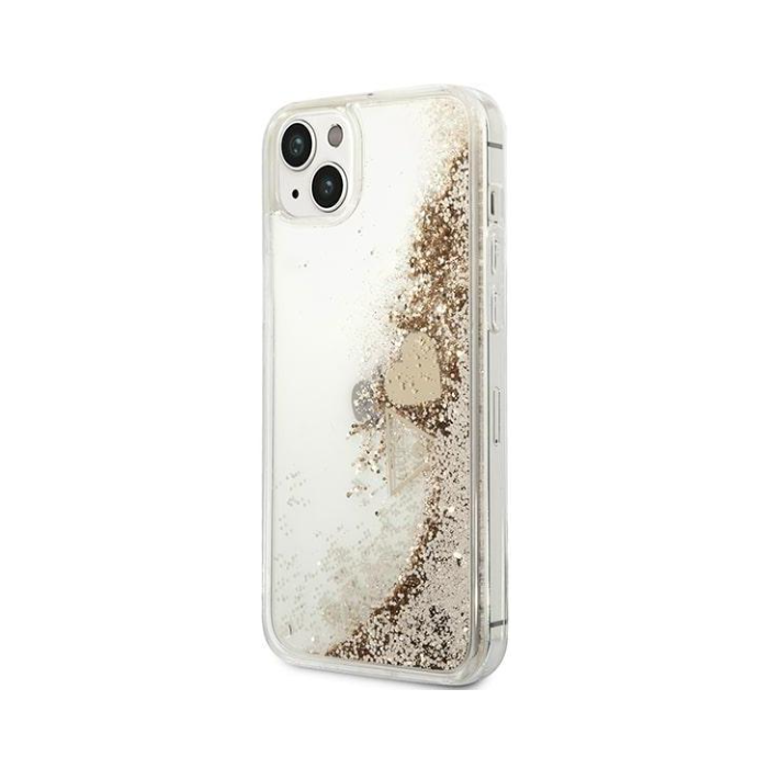 Plastové puzdro Guess na Apple iPhone 14 Plus GUOHCP14MGLHFLGO Liquide Glitter Charms zlaté