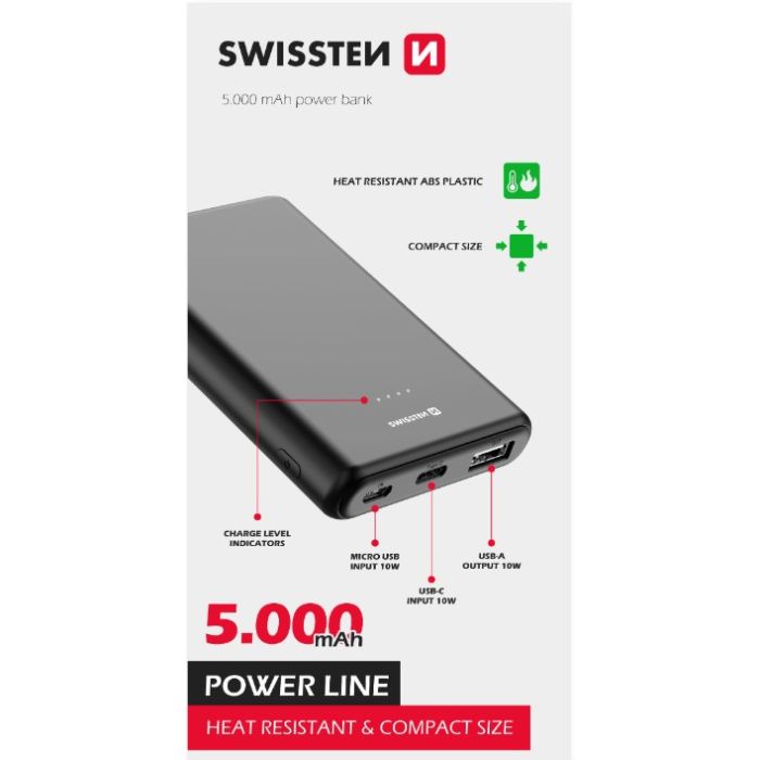 Powerbanka Swissten Line, 5000 mAh, 10 W, čierna