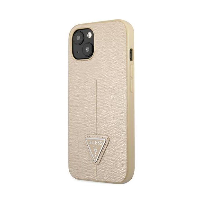 Plastové puzdro Guess na Apple iPhone 14 GUHCP14SPSATLE HC Saffiano PU Triangle béžové