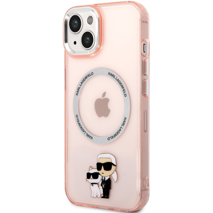 Plastové puzdro Karl Lagerfeld na Apple iPhone 14 KLHMP14SHNKCIT IML Karl and Choupette NFT MagSafe ružové