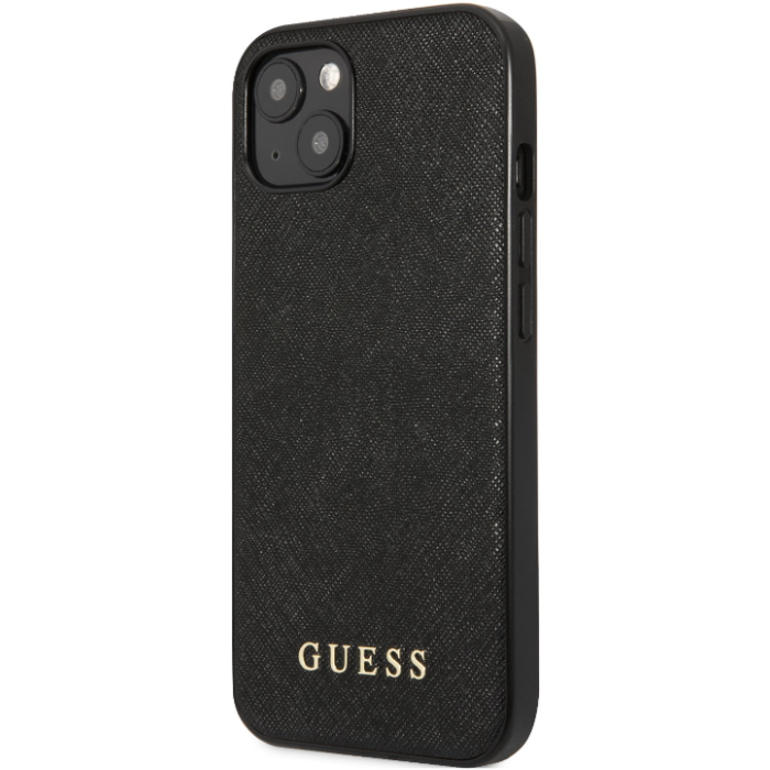 Plastové puzdro Guess na Apple iPhone 13 GUHCP13MSLSABK Saffiano PU Silicone čierne