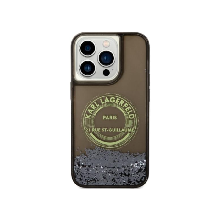 Plastové puzdro Karl Lagerfeld na Apple iPhone 14 Pro KLHCP14LLCRSGRK Liquid Glitter RSG čierne