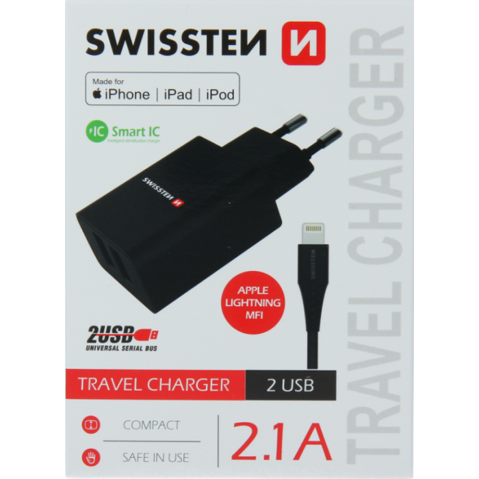 Sieťová nabíjačka Swissten MFI SMART IC 2xUSB 2,1A POWER+kábel USB/Lightning,1.2 M čierna