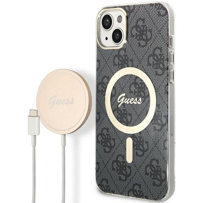 Set plastové puzdro a nabíjačka Guess na Apple iPhone 14 GUBPP14SH4EACSK Magsafe 4G zlato-čierna