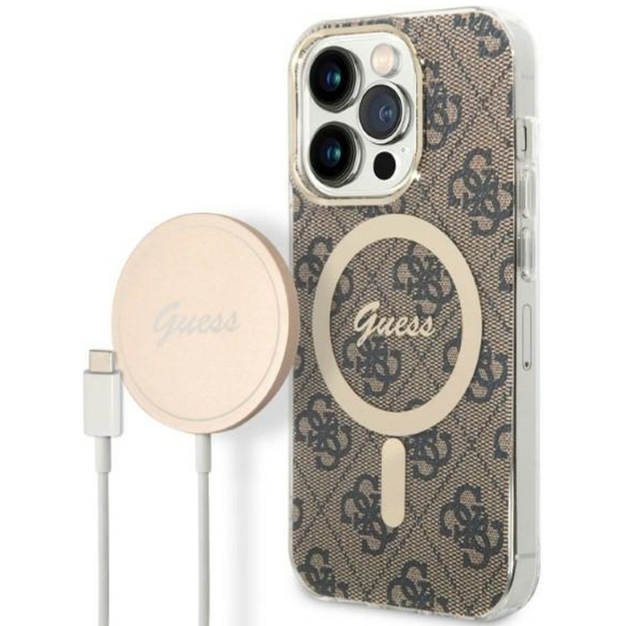Set plastové puzdro a nabíjačka Guess na Apple iPhone 14 Pro GUBPP14LH4EACSW Magsafe 4G zlato-hnedá