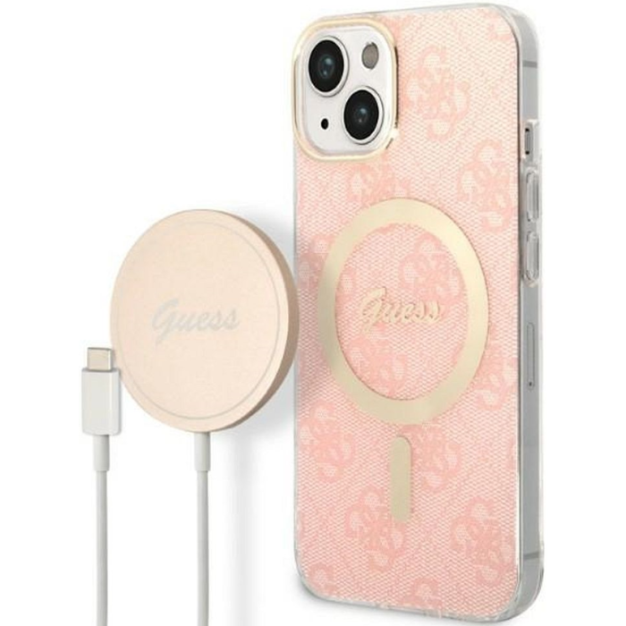 Set plastové puzdro a nabíjačka Guess na Apple iPhone 14 Plus GUBPP14MH4EACSP Magsafe 4G zlato-ružová