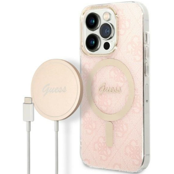 Set plastové puzdro a nabíjačka Guess na Apple iPhone 14 Pro Max GUBPP14XH4EACSP Magsafe 4G zlato-ružová