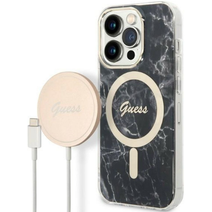 Set plastové puzdro a nabíjačka Guess na Apple iPhone 14 Pro Max GUBPP14XHMEACSK Magsafe IMG Marble zlato-čierne