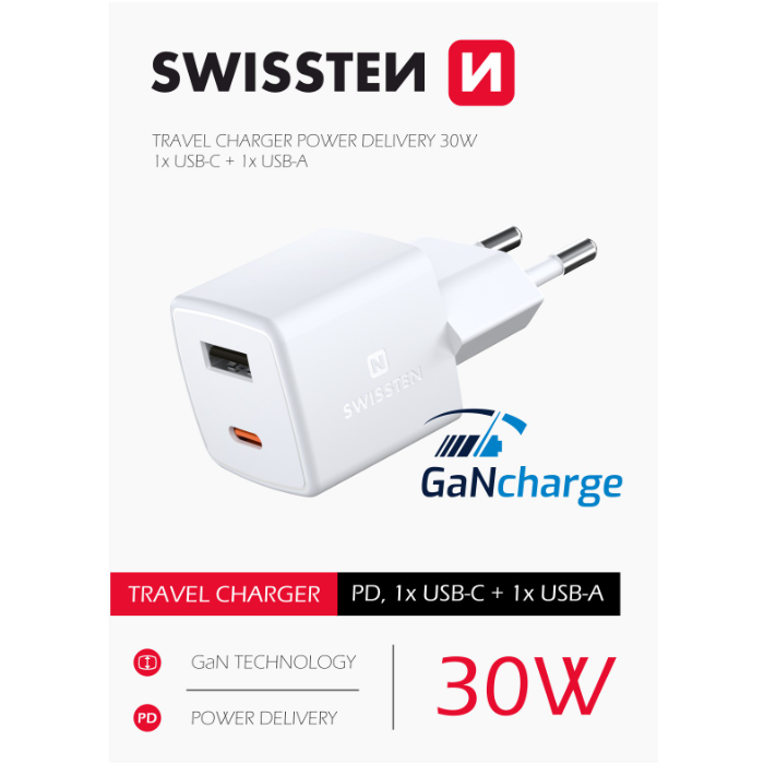 Rýchlonabíjačka Swissten Mini GaN, USB,USB-C, PD 30W, biela