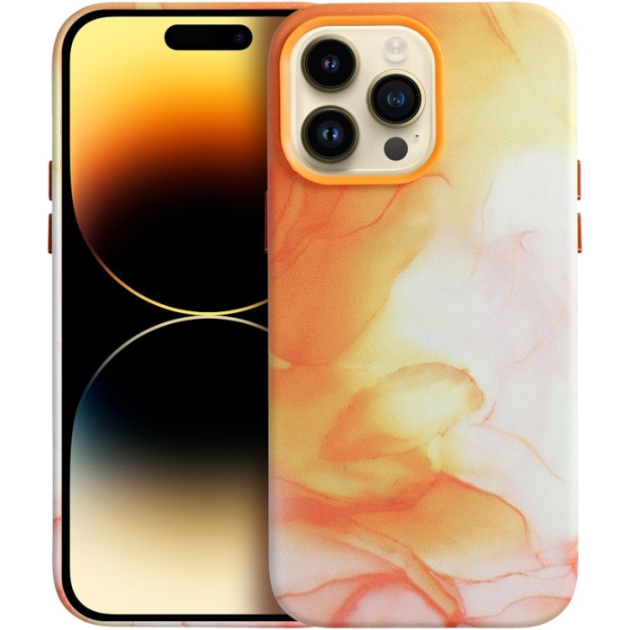Plastové puzdro na Apple iPhone 14 Leather Mag PU Splash oranžové