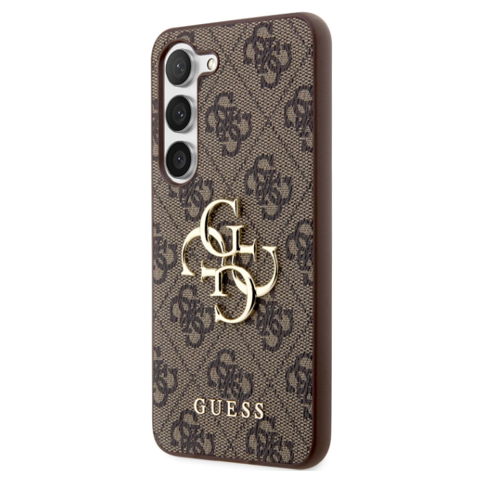 Plastové puzdro Guess na Samsung Galaxy S23 5G S911 GUHCS23S4GMGBR PU 4G Metal Logo hnedé