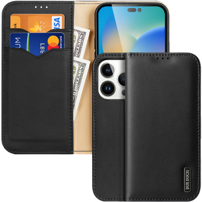 Diárové puzdro na Apple iPhone 14 Pro Dux Ducis Hivo Leather Flip čierne