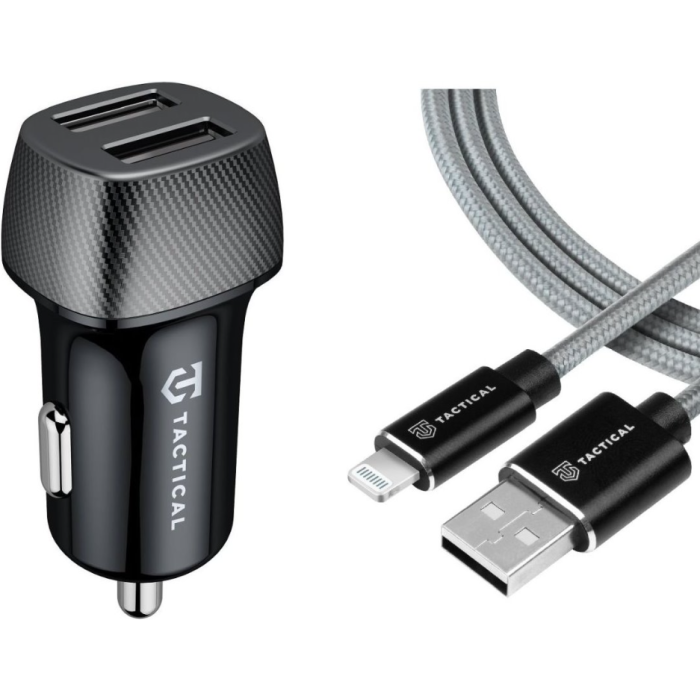 Tactical Field Plug Dual 12W + Tactical Fast Rope Aramid USB-A/Lightning MFi 0.3m, šedý