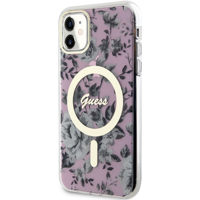 Plastové puzdro Guess na Apple iPhone 11 GUHMN61HCFWSP Flowers IML MagSafe ružové