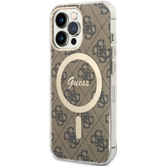 Plastové puzdro Guess na Apple iPhone 13 Pro GUHMP13LH4STW 4G IML MagSafe hnedé