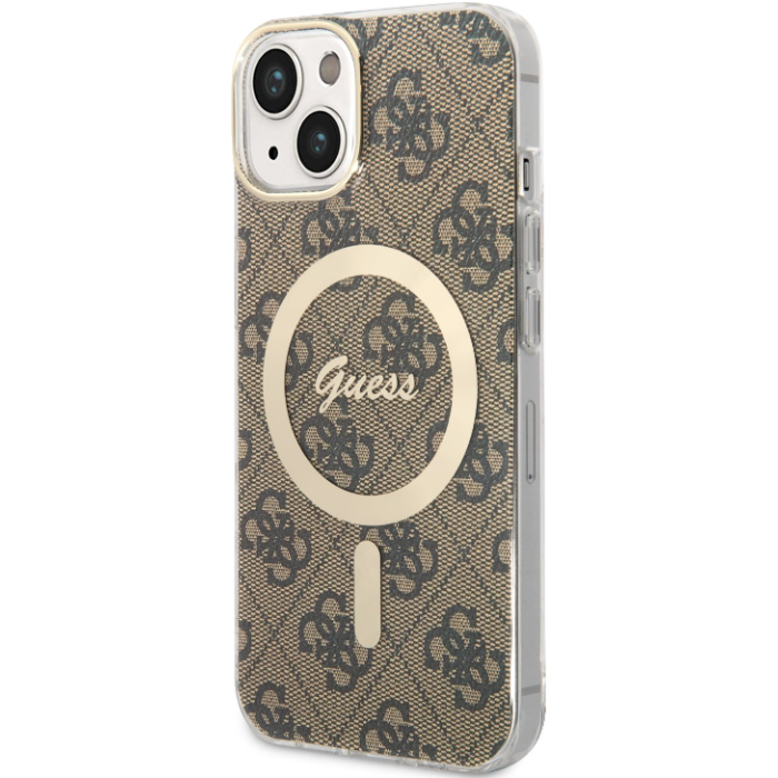 Plastové puzdro Guess na Apple iPhone 14 GUHMP14SH4STW 4G IML MagSafe hnedé