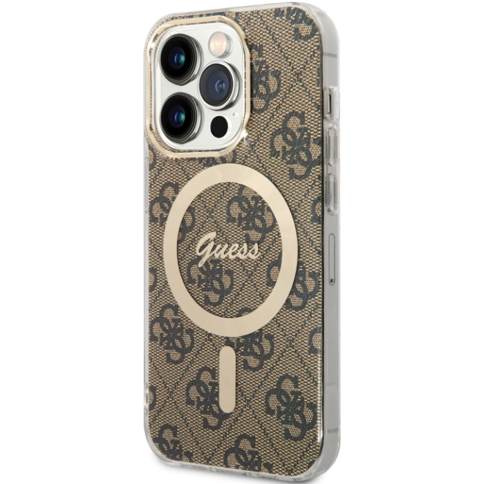 Plastové puzdro Guess na Apple iPhone 14 Pro Max GUHMP14XH4STW 4G IML MagSafe hnedé