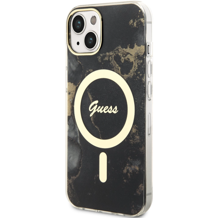 Plastové puzdro Guess na Apple iPhone 14 GUHMP14SHTMRSK Marble IML MagSafe čierne