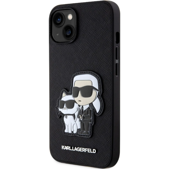 Plastové puzdro Karl Lagerfeld na Apple iPhone 13 KLHCP13MSANKCPK Saffiano Karl and Choupette NFT čierne