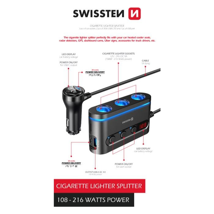 Autonabíjačka SWISSTEN s výstupom 3x CL, 2x UCB-C PD a 1x USB-A QA 3.0, 108W - 216W