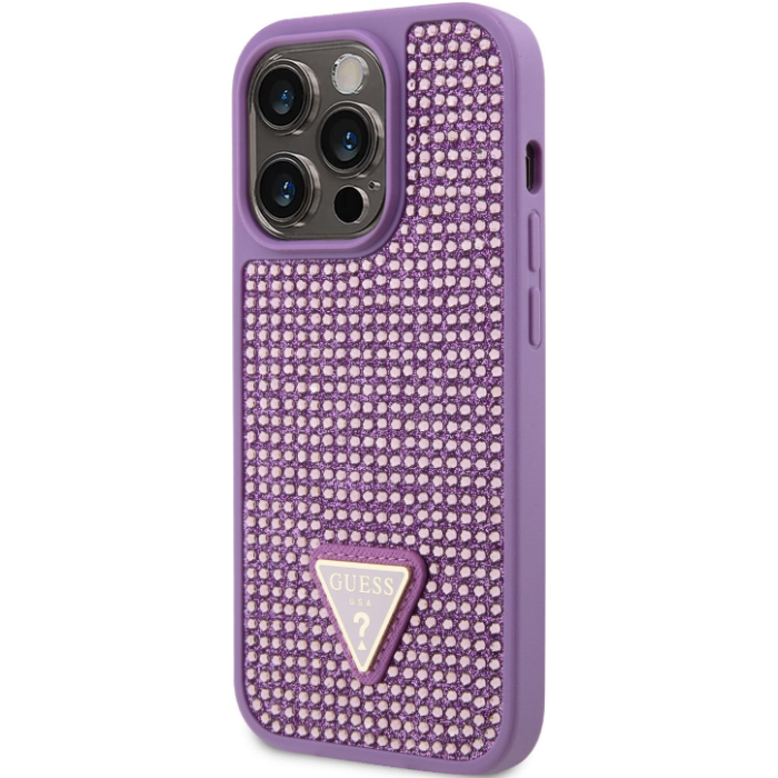 Plastové puzdro Guess na Apple iPhone 14 Pro GUHCP14LHDGTPU Rhinestones Triangle Metal Logo fialové