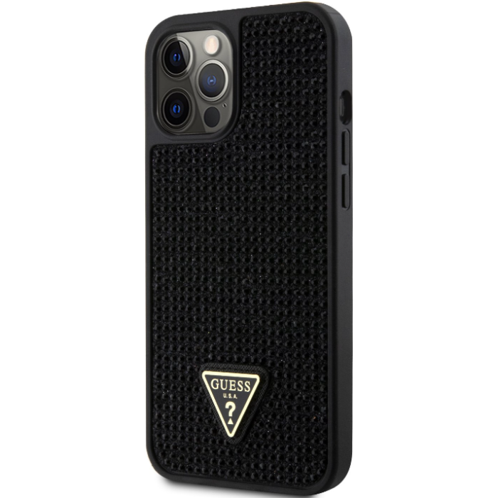 Plastové puzdro Guess na Apple iPhone 12 Pro Max GUHCP12LHDGTPK Rhinestones Triangle Metal Logo čierne