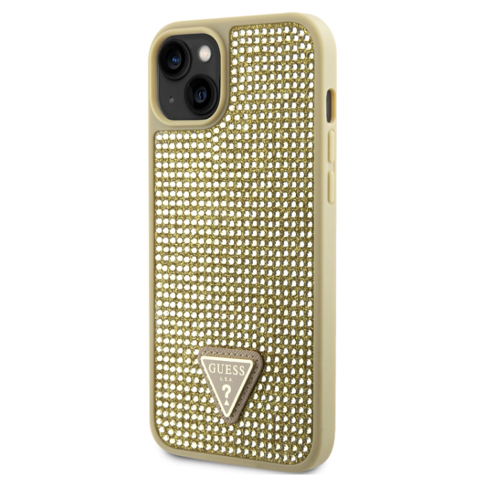 Plastové puzdro Guess na Apple iPhone 14 GUHCP14SHDGTPD Rhinestones Triangle Metal Logo zlaté