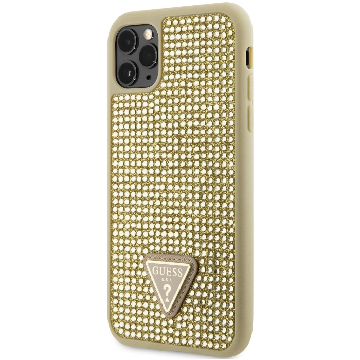 Plastové puzdro Guess na Apple iPhone 11 Pro Max GUHCN65HDGTPD Rhinestones Triangle Metal Logo zlaté