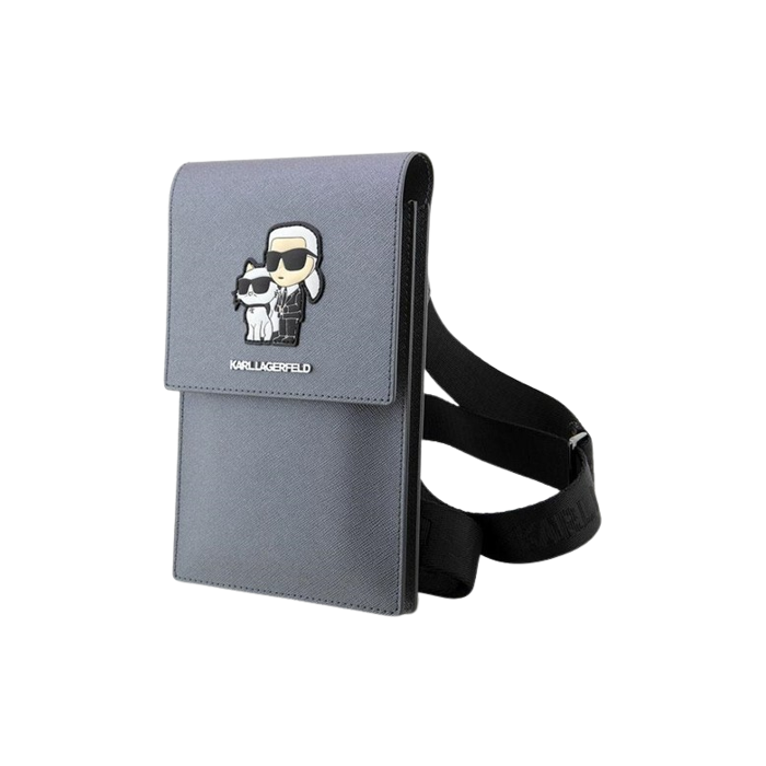 Univerzálne puzdro Karl Lagerfeld na smartfón KLWBSAKCPMG Saffiano Metal Logo NFT Wallet Phone Bag Silver