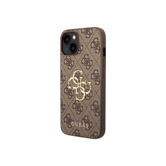 Plastové puzdro Guess na Apple iPhone 15 GUHCP15S4GMGBR 4G Metal Logo hnedé