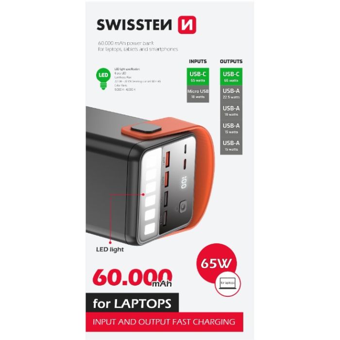 SWISSTEN Power Line, 60 000 mAh, 65W, Power Delivery, čierna