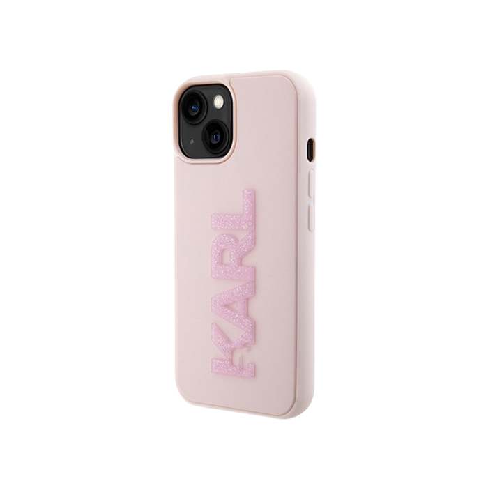 Plastové puzdro Karl Lagerfeld na Apple iPhone 15 KLHCP15S3DMBKCP 3D Rubber Glitter Logo ružové