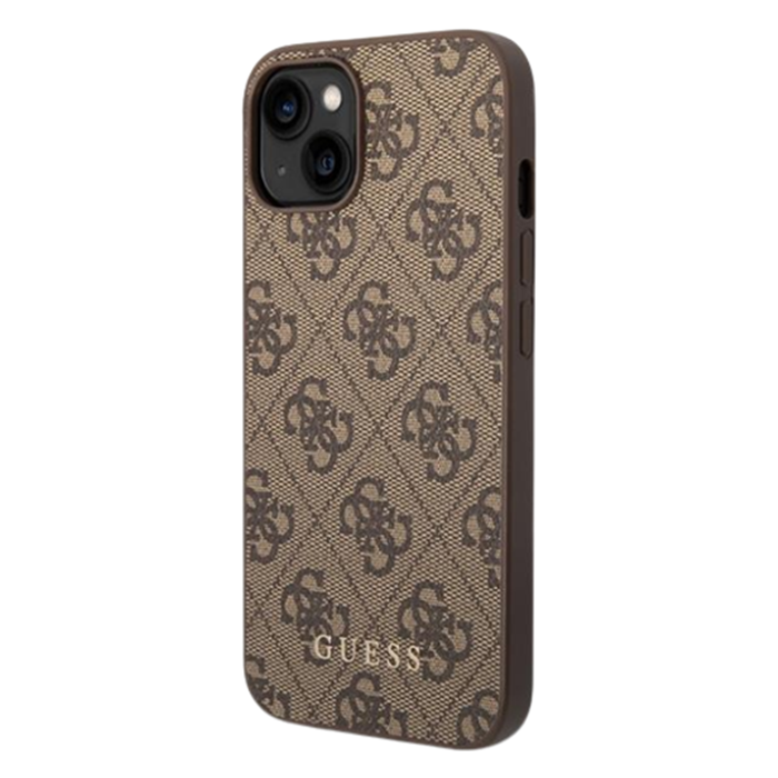 Plastové puzdro Guess na Apple iPhone 15 Plus GUHCP15MG4GFBR 4G Metal Gold Logo hnedé