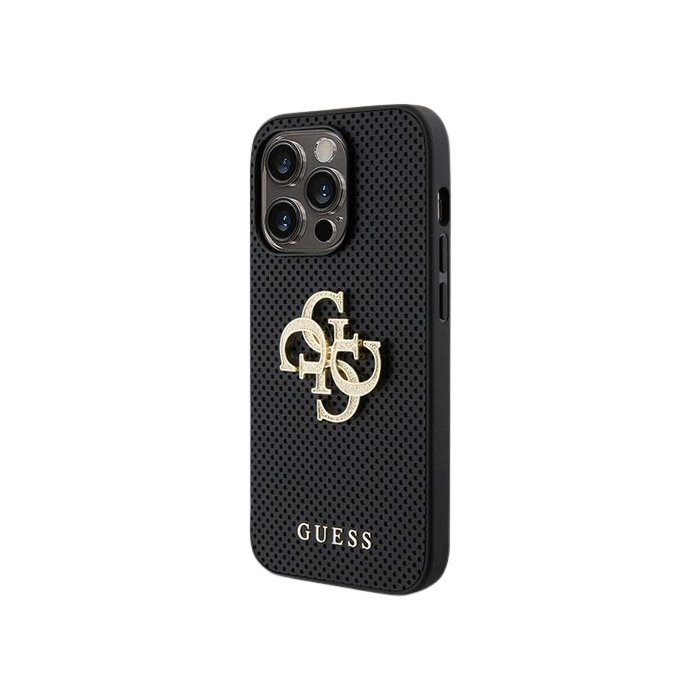 Plastové puzdro Guess na Apple iPhone 15 Pro GUHCP15LPSP4LGK Leather Perforated 4G Glitter Logo čierne
