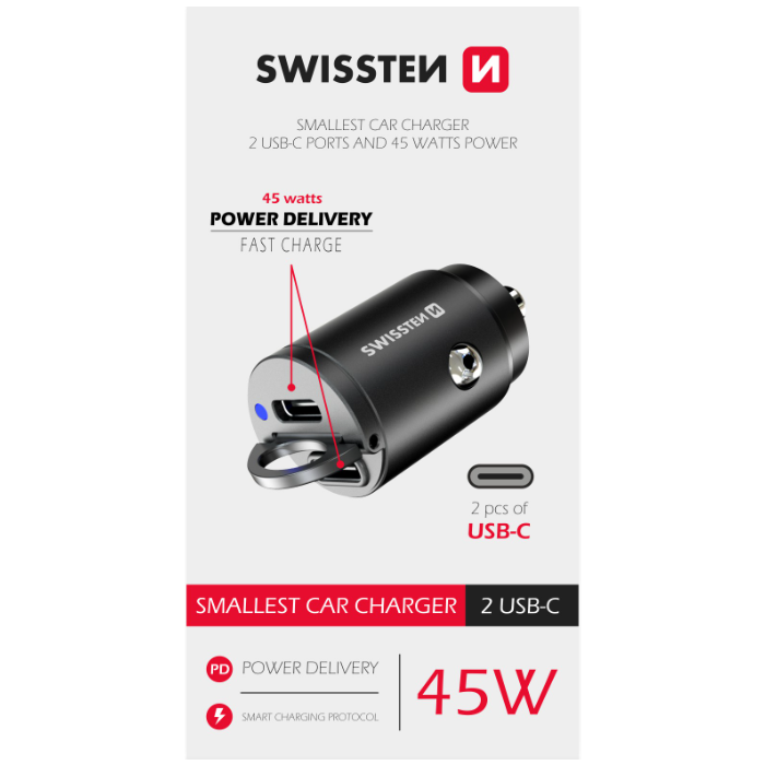 SWISSTEN Nano CL, PD 45W, 2x USB-C, čierna