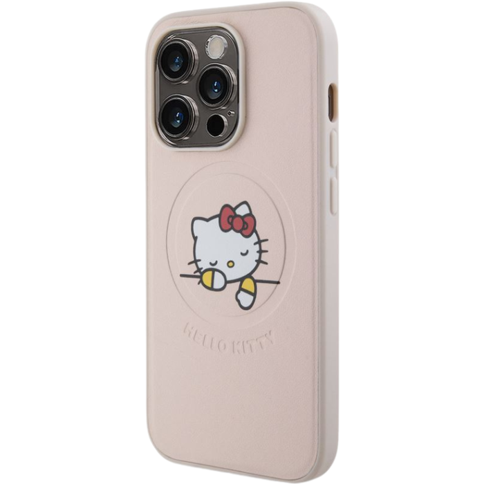Plastové puzdro Hello Kitty na Apple iPhone 15 Pro HKHMP15LPMHSKP PU Kitty Asleep Logo MagSafe ružové