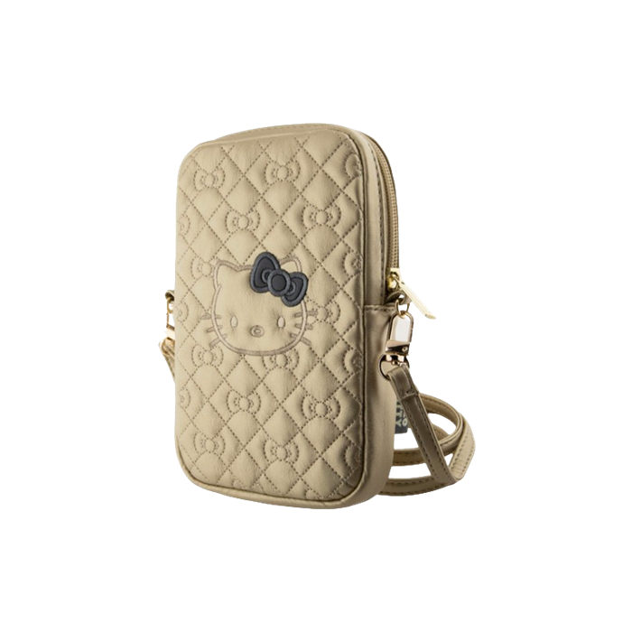 Univerzálne puzdro Hello Kitty na smartfón HKPBPEKHBPD PU Leather Quilted Pattern Kitty Head Logo Phone Bag zlaté