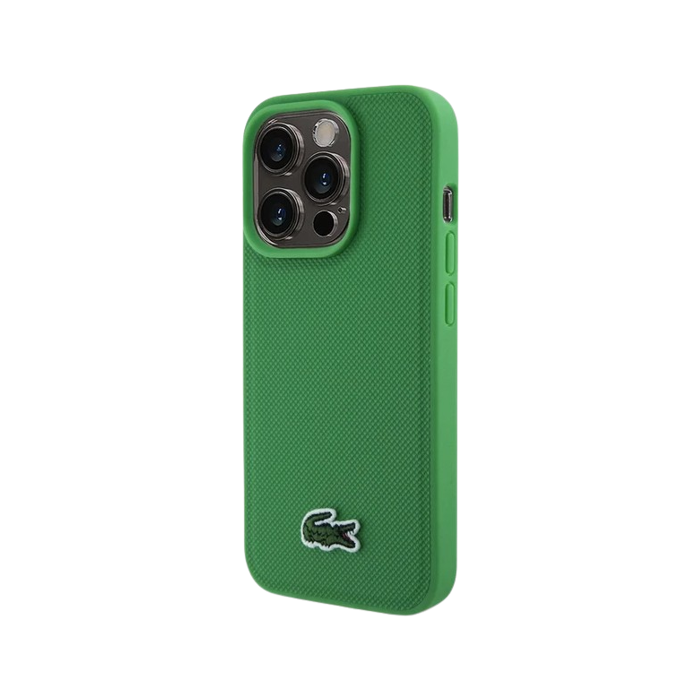 Plastové puzdro Lacoste na Apple iPhone 15 Pro LCHMP15LPVCN Iconic Petit Pique Woven Logo MagSafe zelené