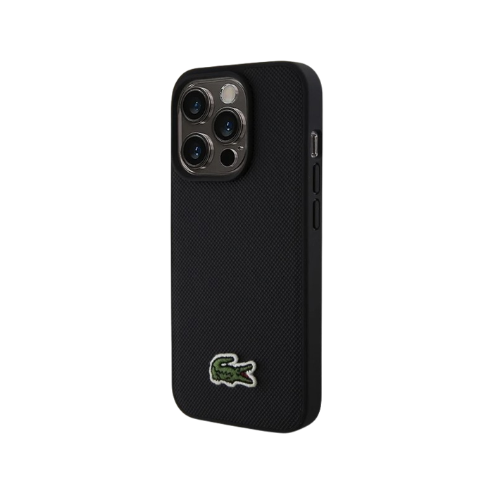 Plastové puzdro Lacoste na Apple iPhone 15 Pro LCHMP15LPVCK Iconic Petit Pique Woven Logo MagSafe čierne