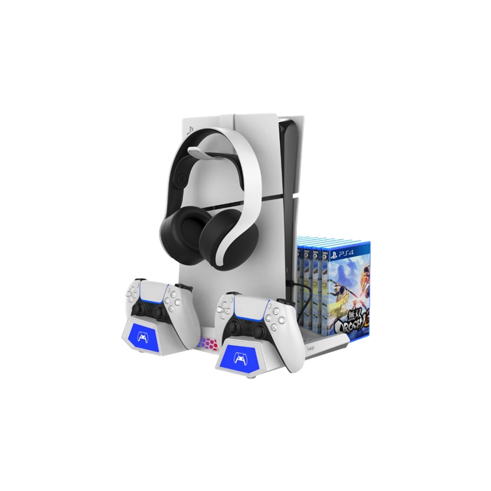 iPega P5S023 RGB, multifunkčný nabíjací stojan s chladením, PS5/PS5 Slim, biely