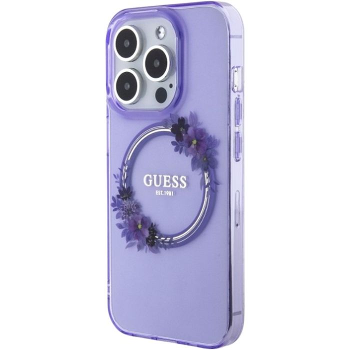 Obal Guess PC/TPU Flowers Ring Glossy Logo MagSafe Apple iPhone 15 Pro Max GUHMP15XHFWFCU Purple
