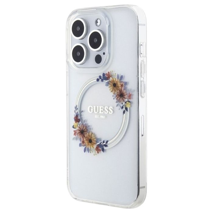 Obal Guess PC/TPU Flowers Ring Glossy Logo MagSafe Apple iPhone 14 Pro GUHMP14LHFWFCTTransparent