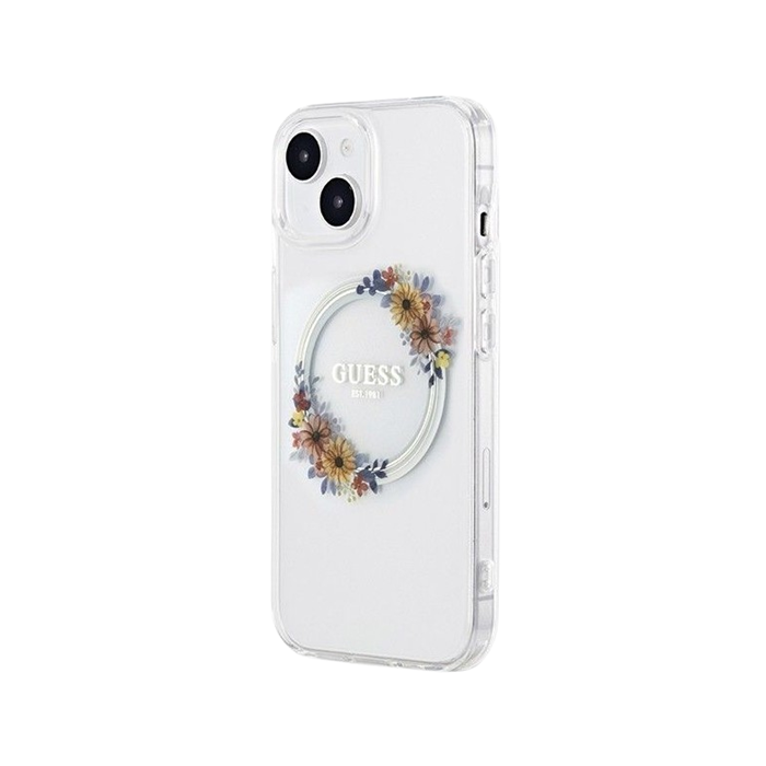 Plastové puzdro Guess na Apple iPhone 15 GUHMP15SHFWFCT Flowers Ring Glossy Logo MagSafe transparentné
