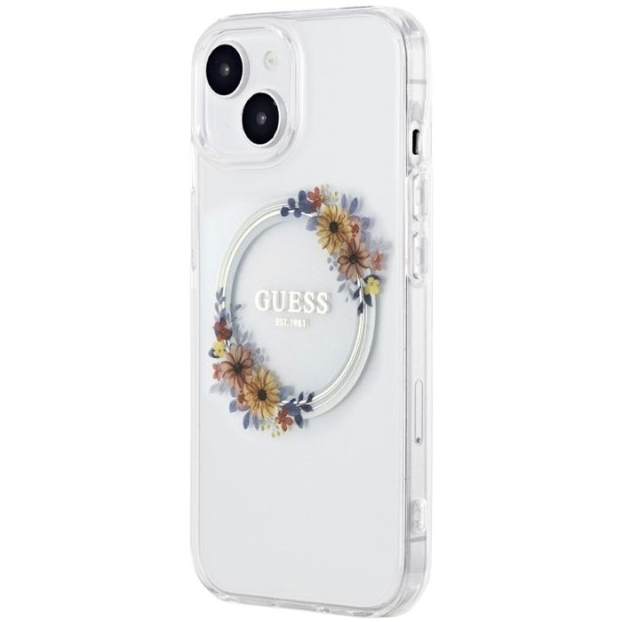 Obal Guess PC/TPU Flowers Ring Glossy Logo MagSafe Apple iPhone 15 Plus GUHMP15MHFWFCT Transparent