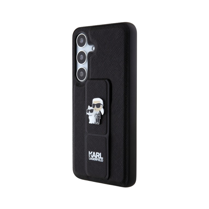 Plastové puzdro Karl Lagerfeld na Samsung Galaxy S24 5G S921 KLHCS24SGSAKCPK Saffiano Grip Stand Metal Logo čierne