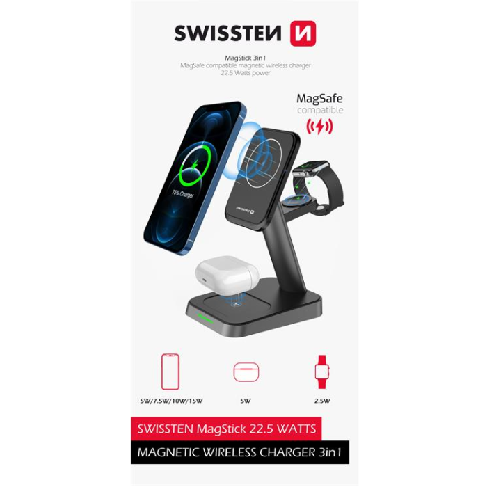 SWISSTEN MagStation 3v1 22.5W, bezdrôtová nabíjačka, čierna