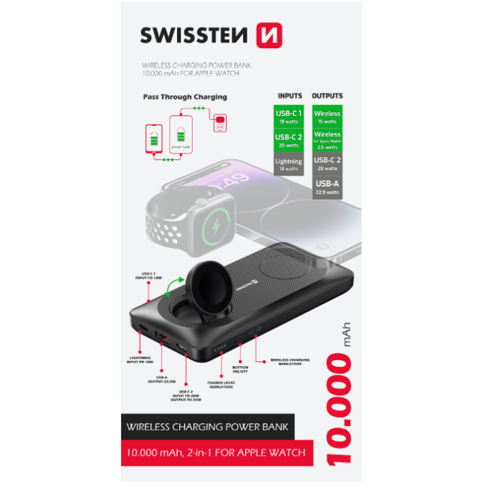 SWISSTEN Powerbank 2v1, 10000mAh, Magsafe Apple Watch, čierna