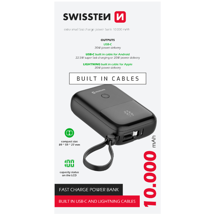 SWISSTEN PowerBank, 10000mAh 22,5W, integrované káble USB-C, Lightning, čierna